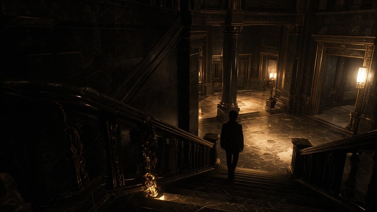 A monumental marble staircase with a single silhouette descending into gold light.