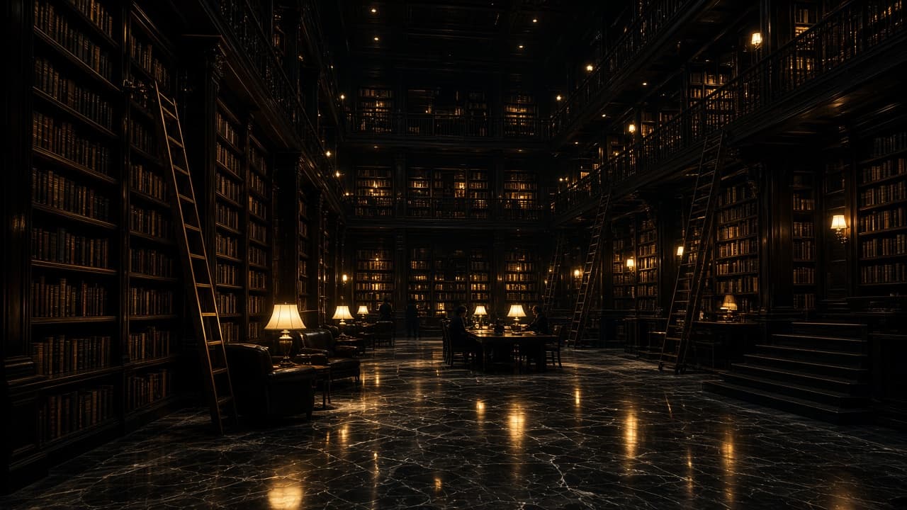 A triple-height private library of dark wood, warm lamps, and distant figures.