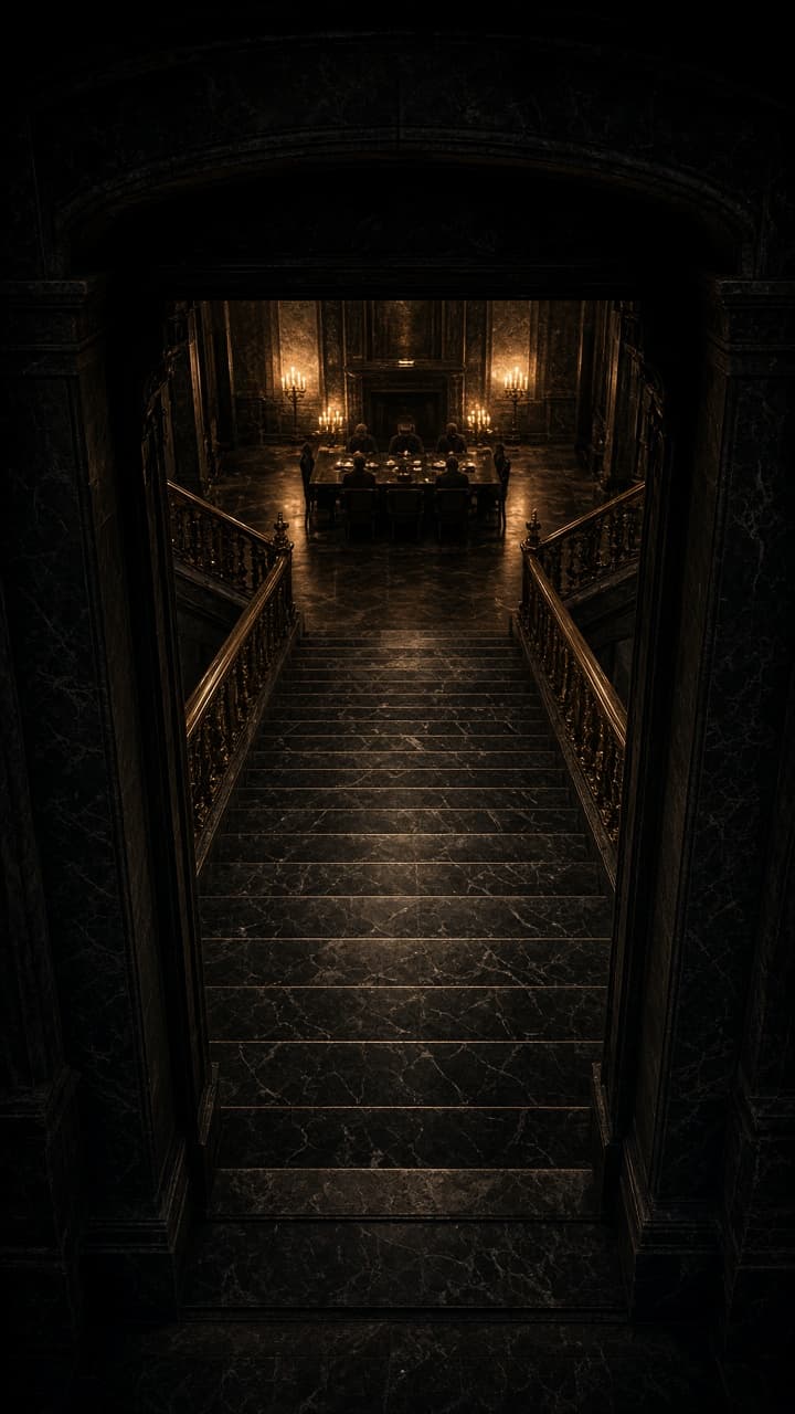 A monumental private staircase descending from darkness into a warmly lit room.