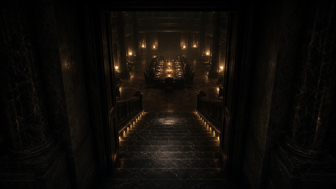 A monumental private staircase descending from darkness into a warmly lit room.