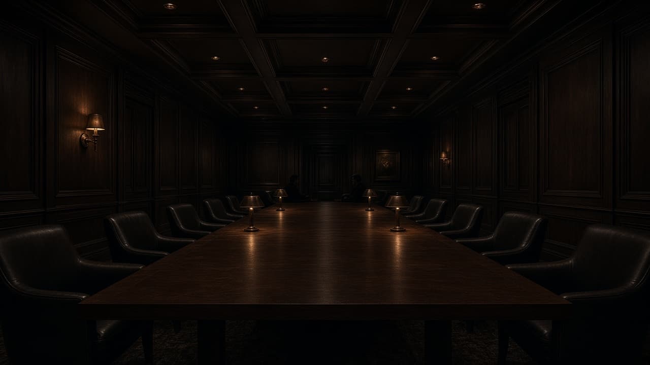 A long private table stretching into warm light, with distant figures at the far end.