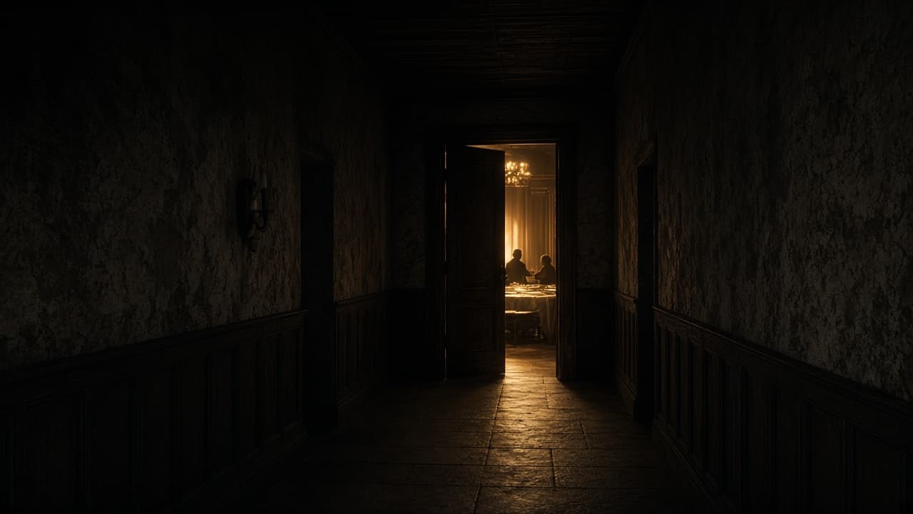 A dark corridor ending in an open door, warm light and a long table beyond.