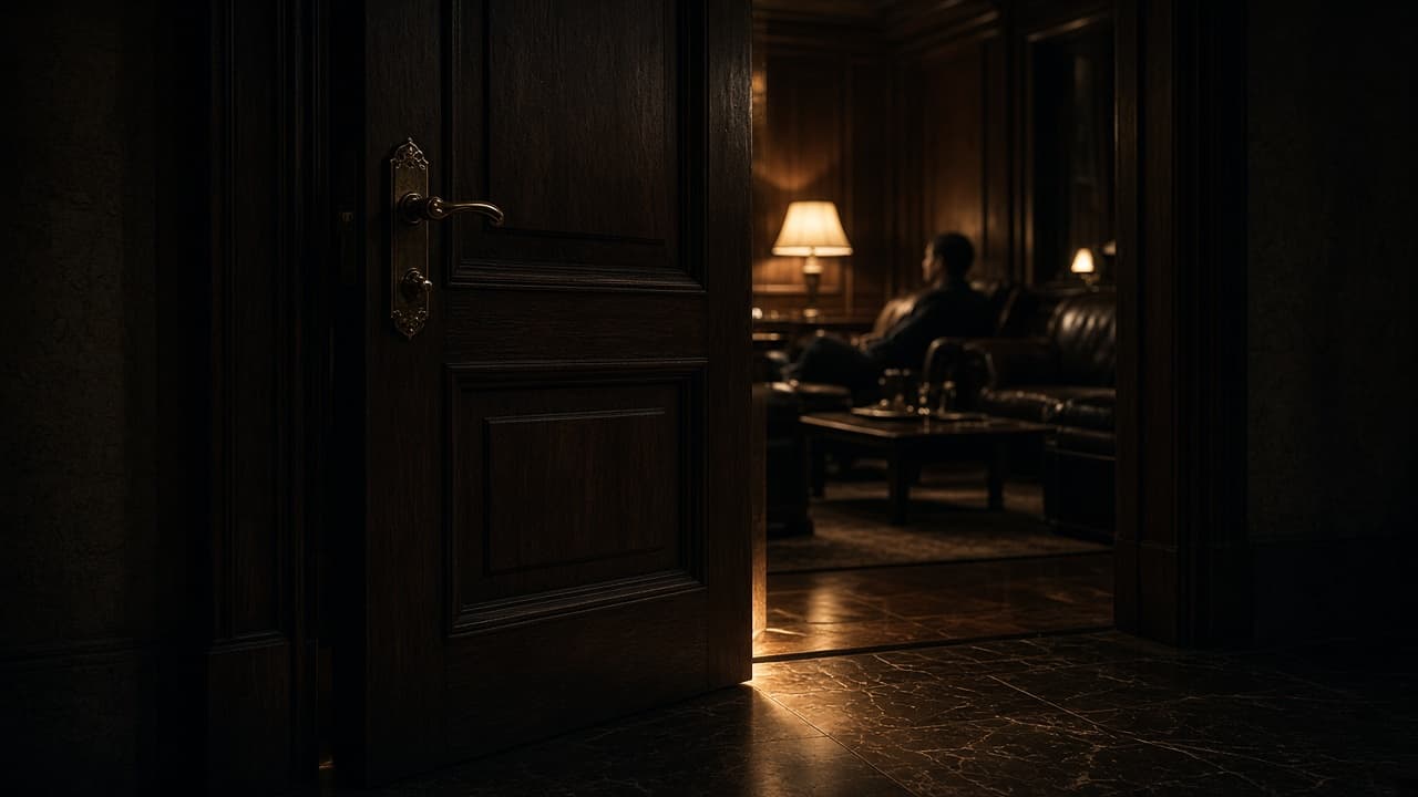 A monumental dark door slightly ajar, warm light spilling onto stone.