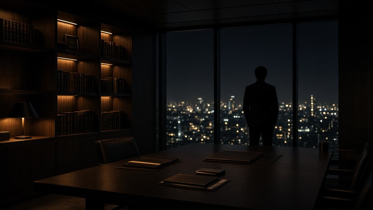 A private architectural office at night, city lights beyond glass, a silhouette at the window.