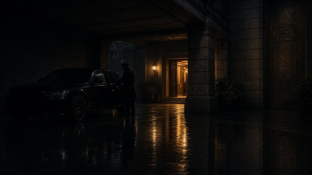 Night arrival at a discreet stone entrance, a dark vehicle waiting under bronze light.